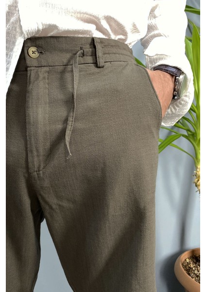 Beli Lastikli ve Bağcıklı Haki Keten Şort fırsatları