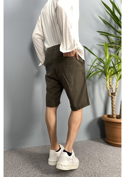 Beli Lastikli ve Bağcıklı Haki Keten Şort indirimleri