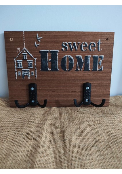 Doğal Ahşap Askılık Şık ve Dayanıklı Home Yazılı , Ev Desenli Ev Ofis ve Giriş Için Dekoratif Askı