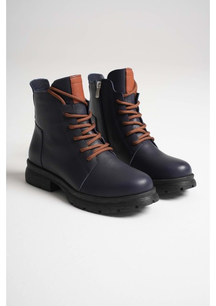 Kadın Hakiki Deri Fermuarlı Bağcıklı Günlük Bot - Lacivert