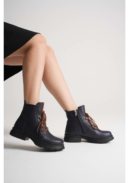 Kadın Hakiki Deri Fermuarlı Bağcıklı Günlük Bot - Lacivert modelleri