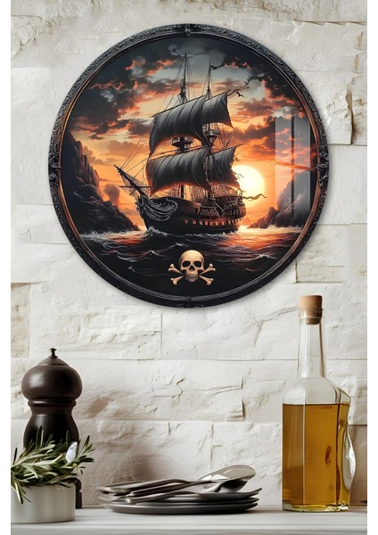 3D Görünümlü Temperli Cam Tablo – Korsan Gemisi ve Gün Batımı Duvar Süsü Uv Baskı 33X33 CM-CDS132