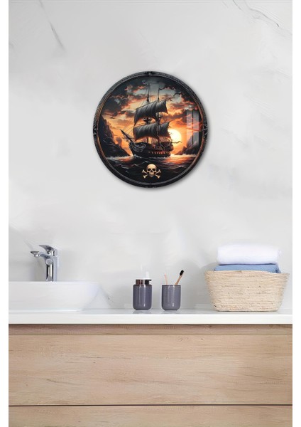 3D Görünümlü Temperli Cam Tablo – Korsan Gemisi ve Gün Batımı Duvar Süsü Uv Baskı 33X33 CM-CDS132