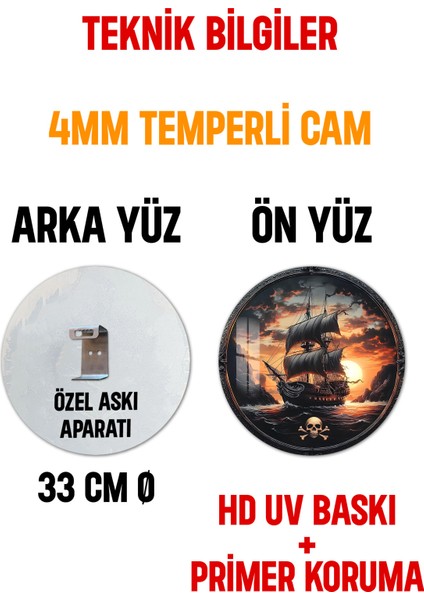 3D Görünümlü Temperli Cam Tablo – Korsan Gemisi ve Gün Batımı Duvar Süsü Uv Baskı 33X33 CM-CDS132