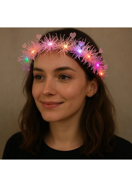 Ieg® Kalp Püsküllü Gece Parıltısı 3 Modlu Led&amp;apos;li Işıklı Taç Pembe Renk (4887)