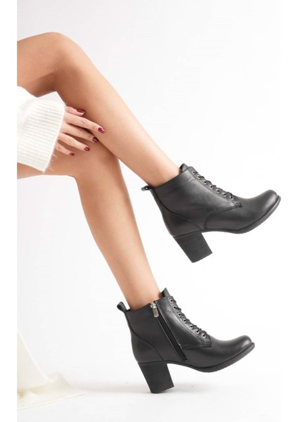 Kadın Hakiki Deri Bağcıklı Topuklu Bot - Siyah fiyatları