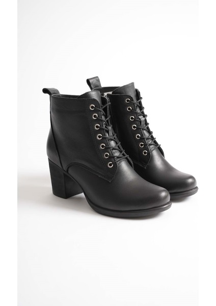 Kadın Hakiki Deri Bağcıklı Topuklu Bot - Siyah fırsatları