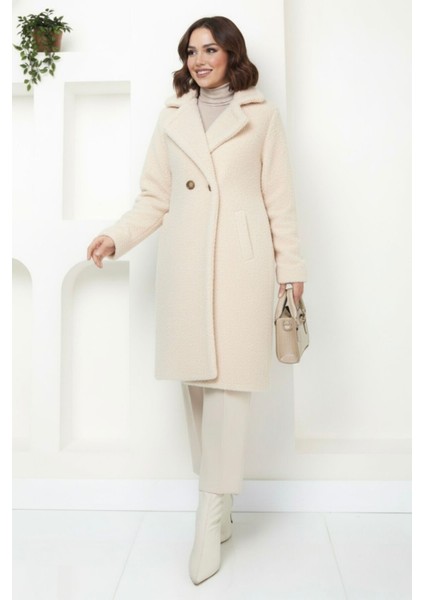 Peluş Düğmeli Astarlı Kadın Mont KS2544 Bej - 44 modelleri