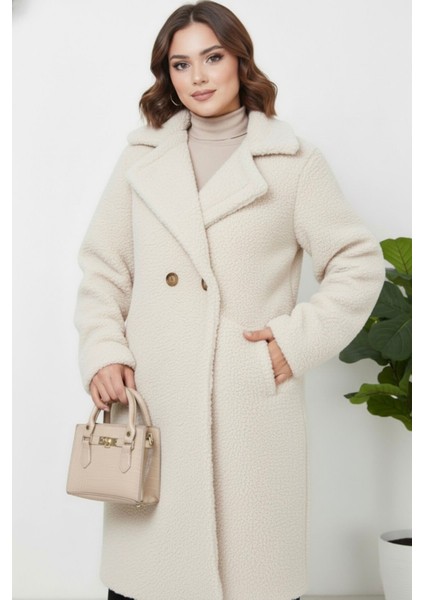 Peluş Düğmeli Astarlı Kadın Mont KS2544 Bej - 44 indirimleri