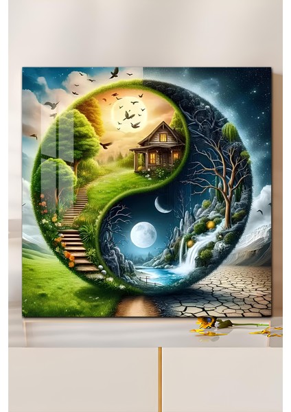 3D Görünümlü Temperli Cam Tablo – Yin Yang Doğa ve Zaman Temalı Uv Baskı 33X33 CM-CTK127