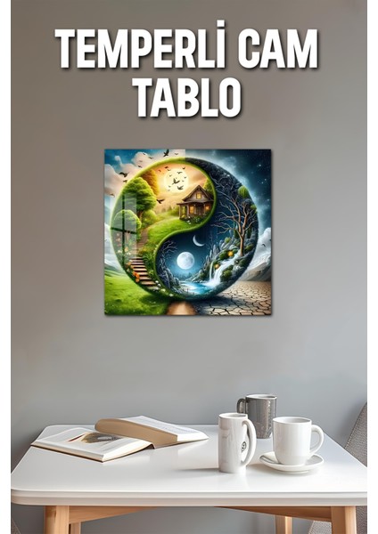 3D Görünümlü Temperli Cam Tablo – Yin Yang Doğa ve Zaman Temalı Uv Baskı 33X33 CM-CTK127