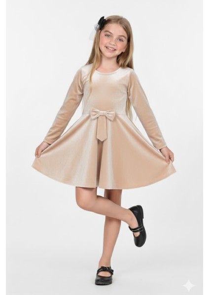 Kız Çocuk Kadife Elbise-Içi Tüllü ve Fiyonk Süslemeli 7-12 Yaş 12427
