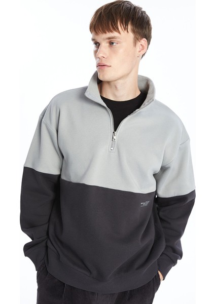 Yeni Sezon Dik Yaka Uzun Kollu Renk Bloklu Erkek Kalın Sweatshirt