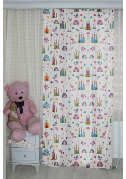 Hayal Şatosu Gökkuşağı Unicorn Çift Kanatlı Çocuk Odası Perdesi fiyatları