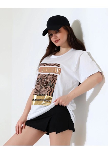 Nrtmsa Varak Çizgili Oversize Tişört Beyaz (Beden: M) modelleri