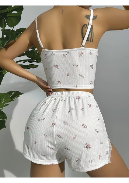 Kadın Beyaz Çiçek Desenli Şortlu Iç Giyim Takımı – Romantik ve Zarif Tasarım 3774 S-M fiyatları