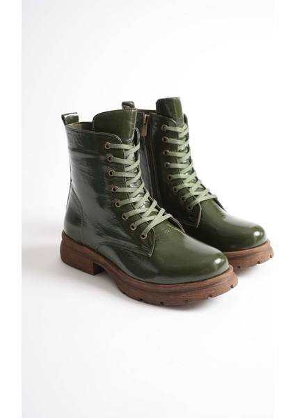 Kadın Hakiki Deri Bağcıklı Fermuarlı Rahat Postal Bot - Yeşil Rugan