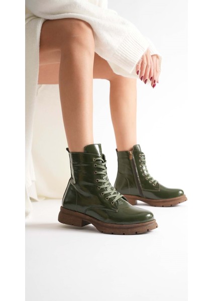 Kadın Hakiki Deri Bağcıklı Fermuarlı Rahat Postal Bot - Yeşil Rugan modelleri