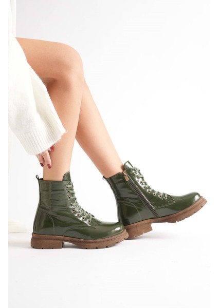 Kadın Hakiki Deri Bağcıklı Fermuarlı Rahat Postal Bot - Yeşil Rugan fırsatları
