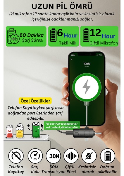 Kablosuz Yaka Mikrofonu Vlog , Video Çekimi , Ses Aktarımı Android - Type - C - iPhone Uyumlu