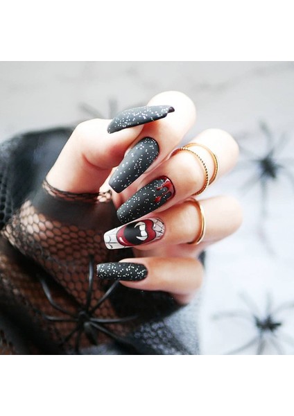 Kırmızı - Siyah Vampir Desen Uzun Takma Tırnak Seti (24 Adet)