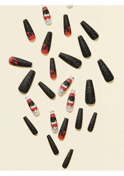 Kırmızı - Siyah Vampir Desen Uzun Takma Tırnak Seti (24 Adet) fiyatları