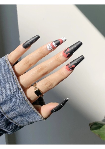Kırmızı - Siyah Vampir Desen Uzun Takma Tırnak Seti (24 Adet) modelleri