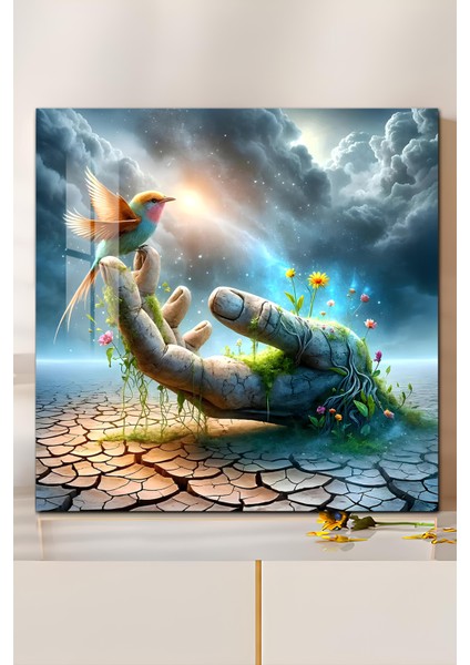 3D Görünümlü Temperli Cam Tablo – Kuş ve Doğa Teması Uv Baskı 33X33 CM-CTK134