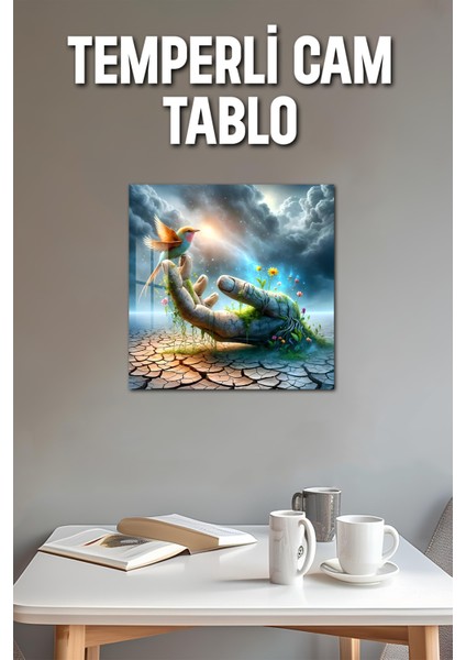 3D Görünümlü Temperli Cam Tablo – Kuş ve Doğa Teması Uv Baskı 33X33 CM-CTK134