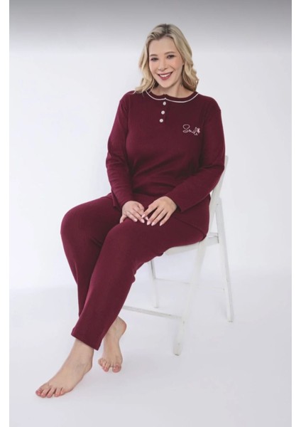 Kadın Kışlık Büyük Beden Yakası Düğmeli Uzun Kollu Interlok Pijama Takımı fiyatları