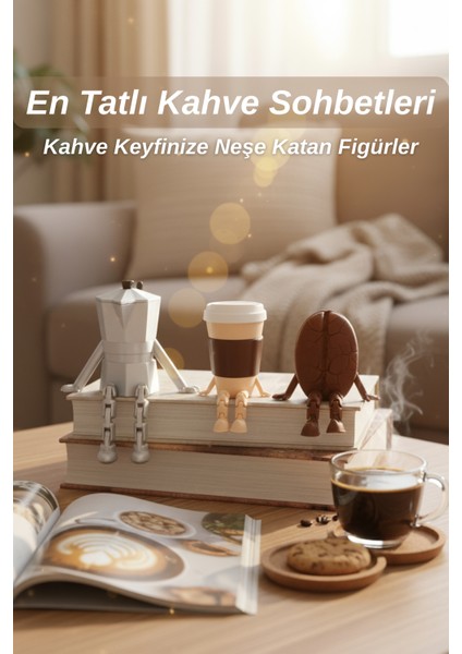 Kahve Köşesi Dekoratif - Oturan Kapağı Açılabilen Mokapot, Kahve Latte ve Kahve Çekirdeği Figür Seti