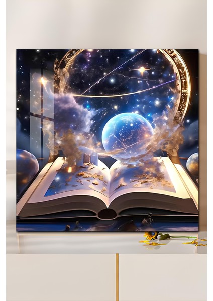 3D Görünümlü Temperli Cam Tablo – Kozmik Kitap ve Galaksi Portalı Uv Baskı 33X33 CM-CTK113