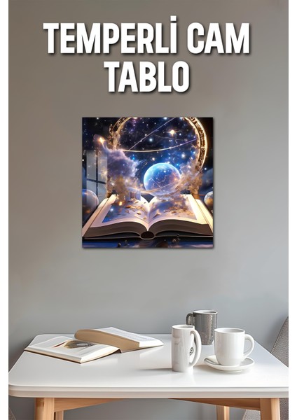 3D Görünümlü Temperli Cam Tablo – Kozmik Kitap ve Galaksi Portalı Uv Baskı 33X33 CM-CTK113