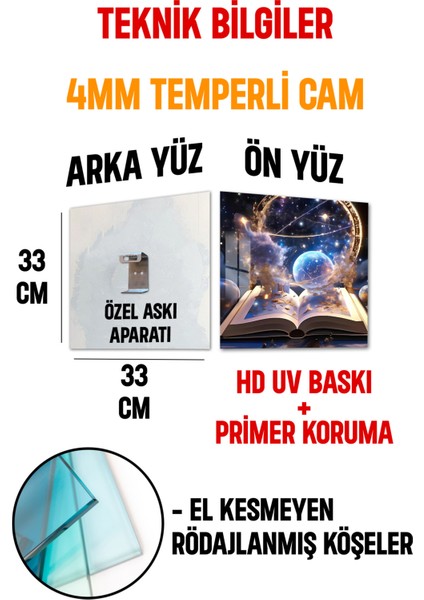 3D Görünümlü Temperli Cam Tablo – Kozmik Kitap ve Galaksi Portalı Uv Baskı 33X33 CM-CTK113