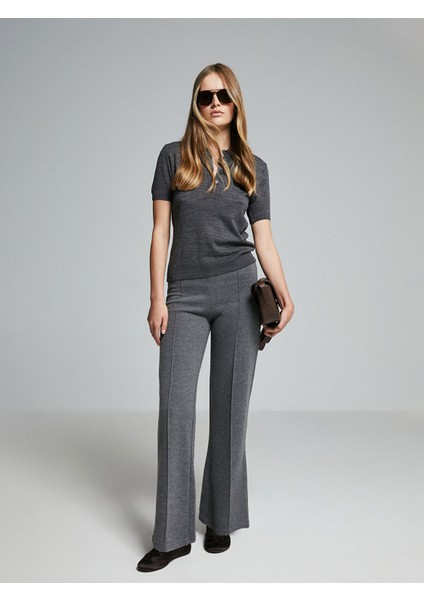 Yeni Sezon Beli Lastikli Geniş Paça Kadın Triko Pantolon