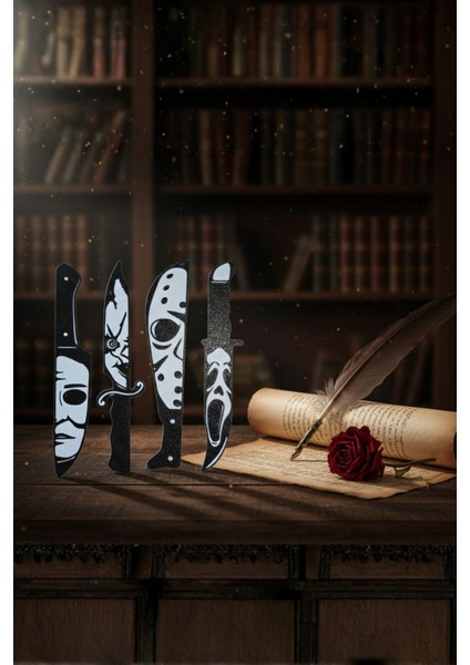 Korku Filmi Temalı Bıçak Tasarım 4’lü Kitap Ayracı Seti – Çığlık Seri Katil Maskeli Gotik Dekoratif