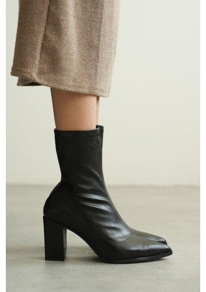 Kadın Enjoy Kalın Topuklu Streç Bot - Siyah-Deri