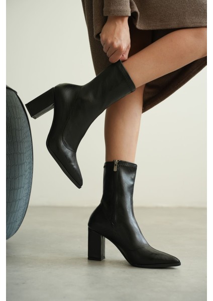Kadın Enjoy Kalın Topuklu Streç Bot - Siyah-Deri modelleri