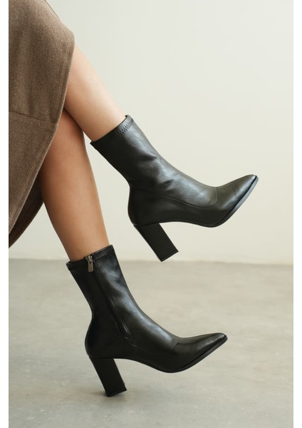 Kadın Enjoy Kalın Topuklu Streç Bot - Siyah-Deri fırsatları