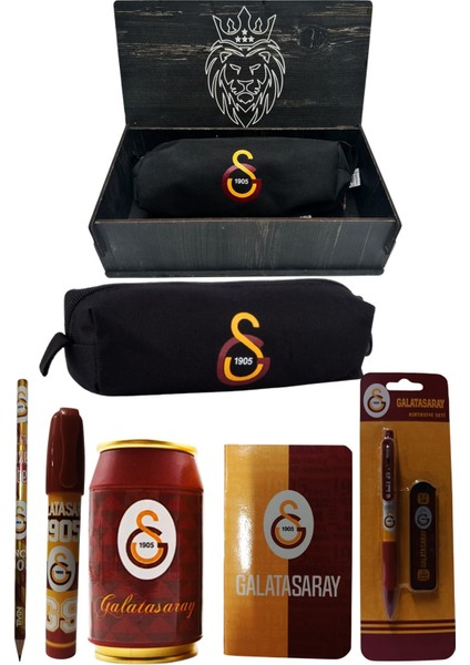 Galatasaray Orjinal Lisanslı Kırmızı Kutu Kalemtraş Ahşap Kutulu 6'lı Kırtasiye Seti