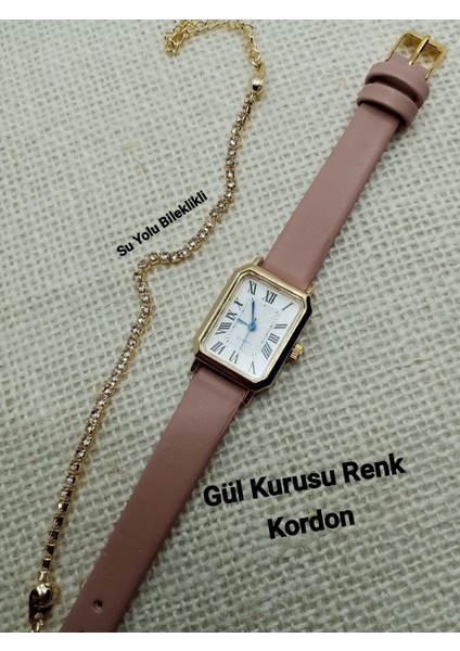 Retro Vintage Kadın Kol Saati- Gold Kasa- Oval Model- Gül Kurusu Kroko Desenli Kordon TT0054