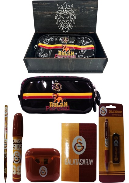 Galatasaray Orjinal Lisanslı Kırmızı Air Kalemtraş Ahşap Kutulu 6'lı Kırtasiye Seti