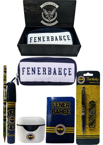 Fenerbahçe Orjinal Lisanslı Beyaz Air Kalemtraş Ahşap Kutulu 6'lı Kırtasiye Seti