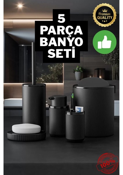 5 Parça Siyah Çizgili Yuvarlak 5'li Eco Banyo Seti Çöp Kovası Tuvalet Fırçası Sabunluk Diş Fırçalık