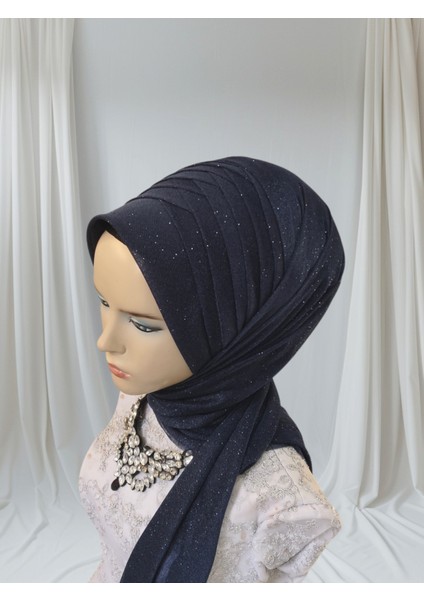 Açık Lacivert Simli Tektek Hazır Şal Hazır Türban Abiye Şal