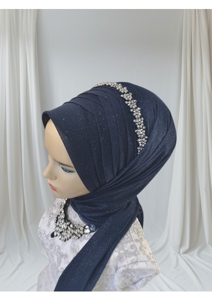 Açık Lacivert Aksesuarlı Hazır Şal Abiye Şal Hazır Türban