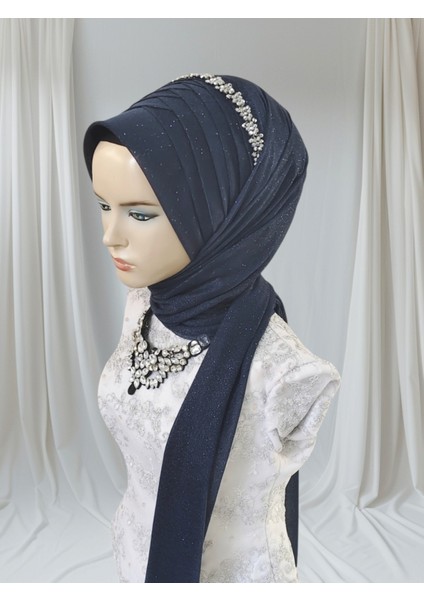 Açık Lacivert Aksesuarlı Hazır Şal Abiye Şal Hazır Türban modelleri