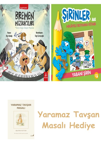Bremen Mızıkacıları + Şirinler ile Hikâyeli Boyama Kitabı - Yabani Şirin + Yaramaz Tavşan Masalı