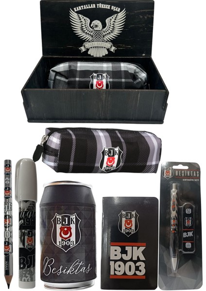 Beşiktaş Orjinal Lisanslı Siyah Kutu Kalemtraş Ahşap Kutulu 6'lı Kırtasiye Seti