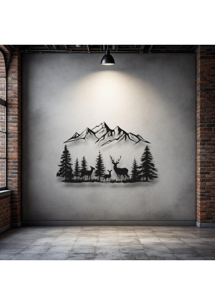 Dağ Manzaralı Geyik Metal Duvar Dekoru – Doğa Temalı Modern Ev Dekorasyonu